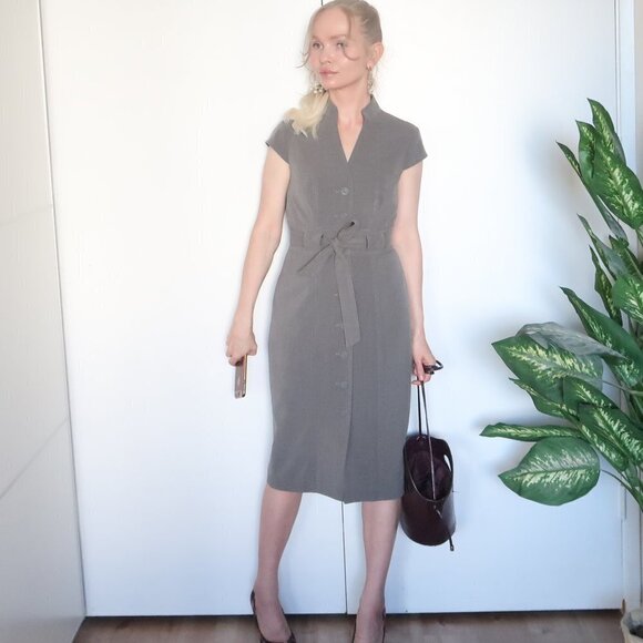 Calvin Klein Grey Career Stand Collar Button Front Pencil Dress With Belt Size 2 - Picture 1 of 15